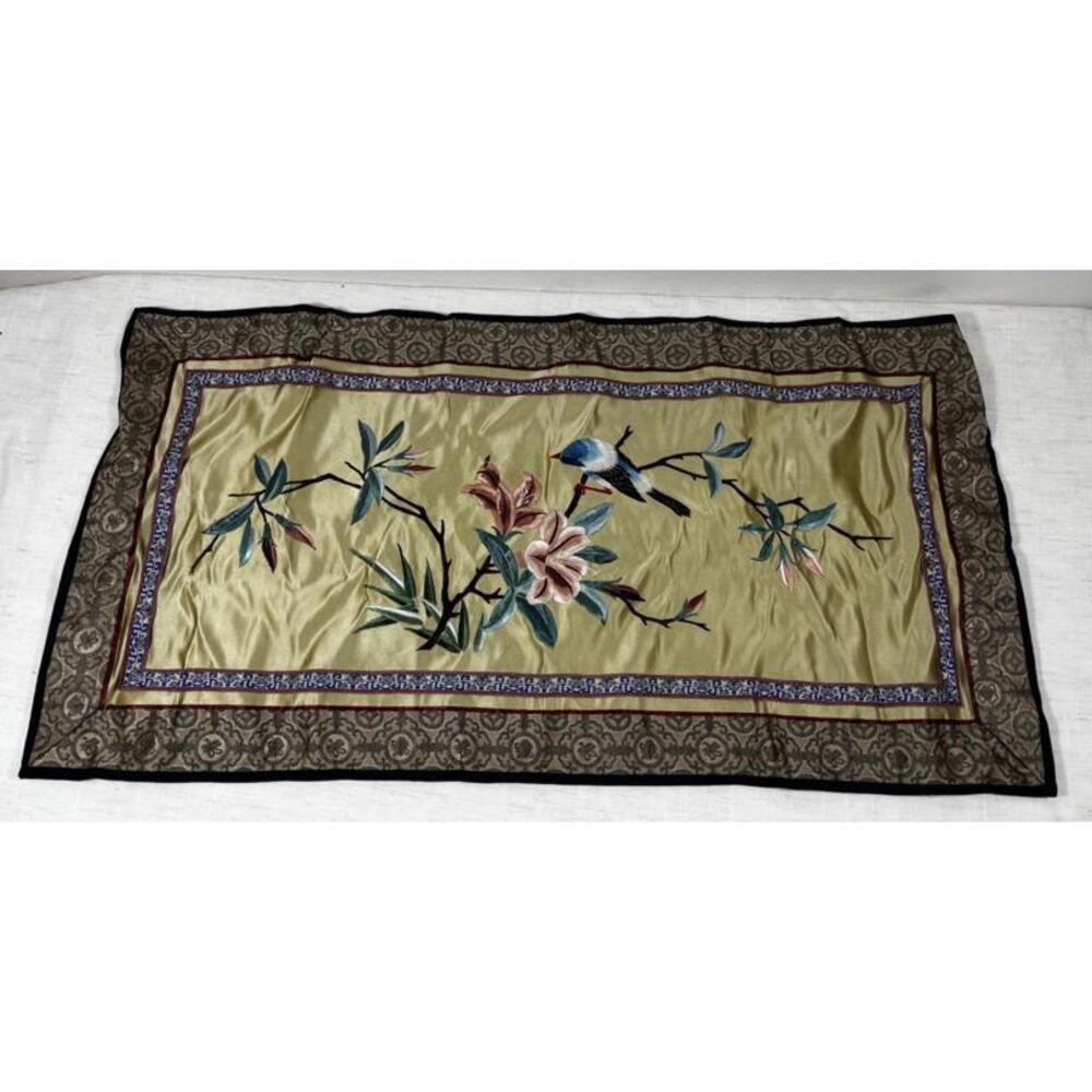 Vintage Dun Huang Chinese Silk Embroidery Bird & Flowers Wall Hanging 12x24